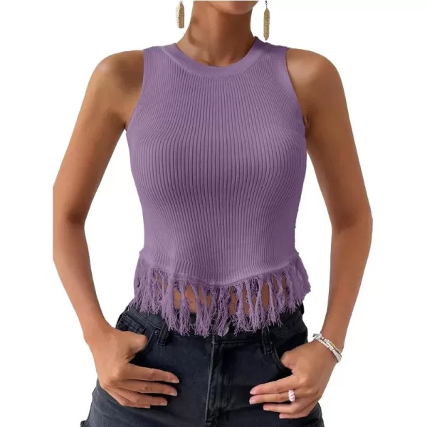 LYANER Women's Fringe Tassel Trim Crew Neck Knit Sleeveless Crop Tank Top