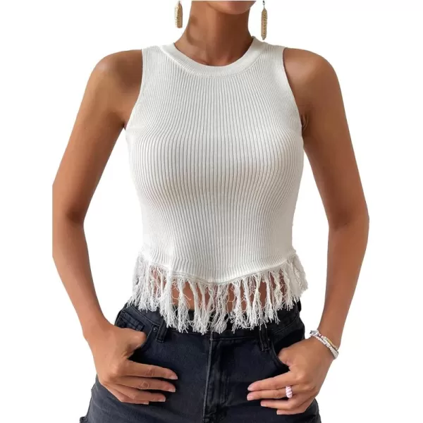 LYANER Women's Fringe Tassel Trim Crew Neck Knit Sleeveless Crop Tank Top