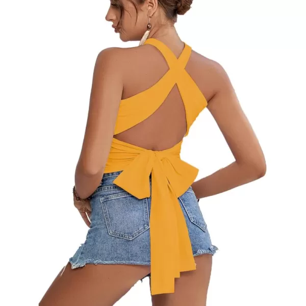 LYANER Women's Halter Criss Coss Backless Self Tie Back Sleeveless Blouse Shirt Cami Top