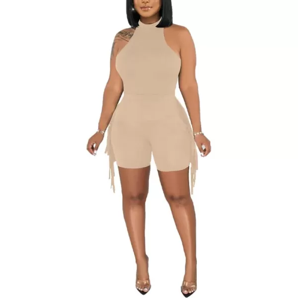 LYANER Women's Halter Fridge Tassel Sides Sleeveless Bodycon Club Short Jumpsuit Rompers