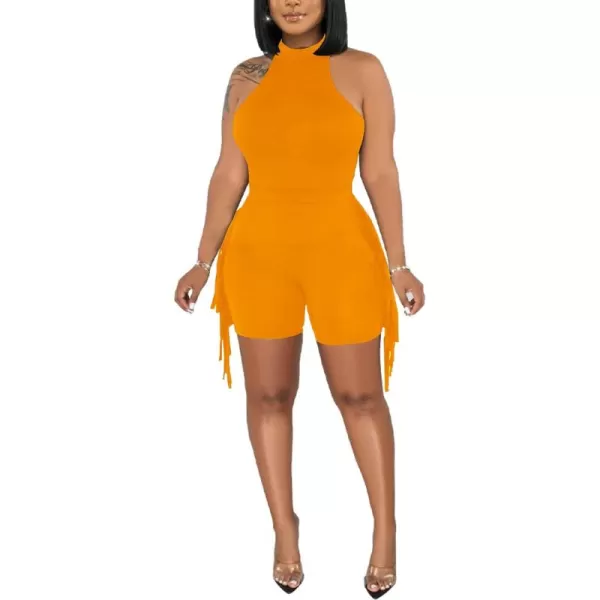 LYANER Women's Halter Fridge Tassel Sides Sleeveless Bodycon Club Short Jumpsuit Rompers