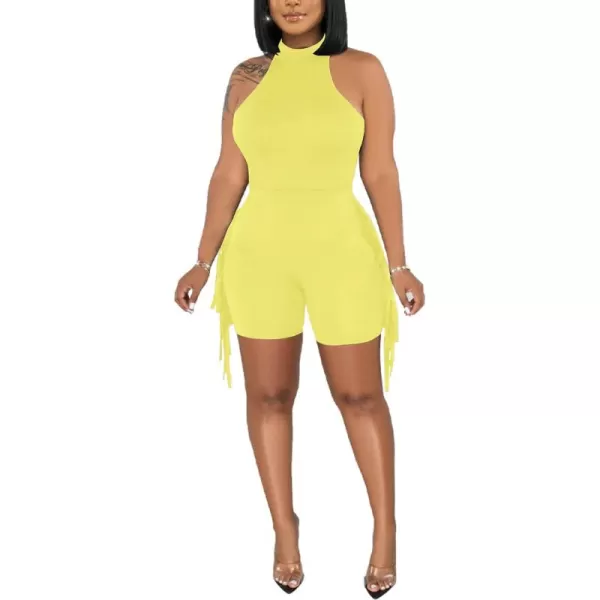 LYANER Women's Halter Fridge Tassel Sides Sleeveless Bodycon Club Short Jumpsuit Rompers