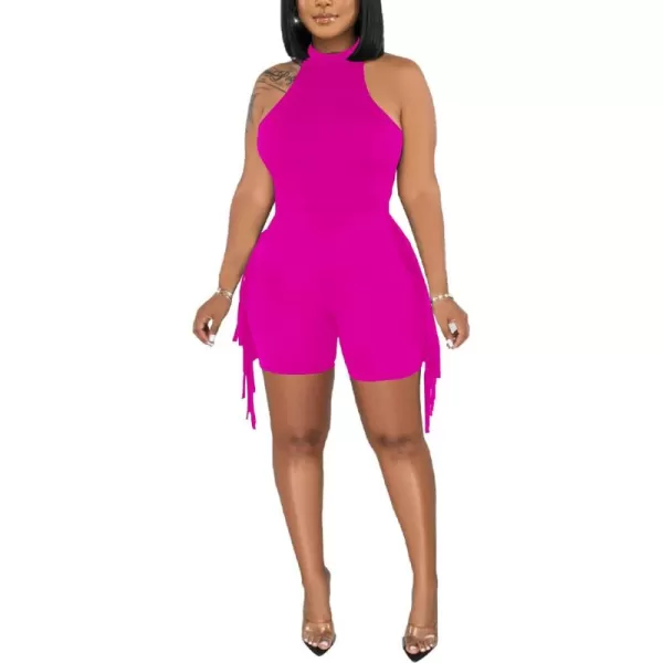 LYANER Women's Halter Fridge Tassel Sides Sleeveless Bodycon Club Short Jumpsuit Rompers