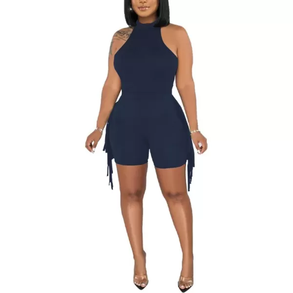 LYANER Women's Halter Fridge Tassel Sides Sleeveless Bodycon Club Short Jumpsuit Rompers