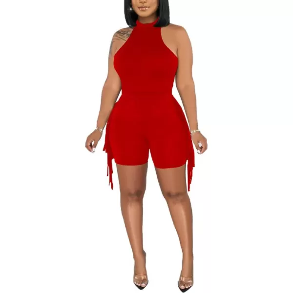 LYANER Women's Halter Fridge Tassel Sides Sleeveless Bodycon Club Short Jumpsuit Rompers