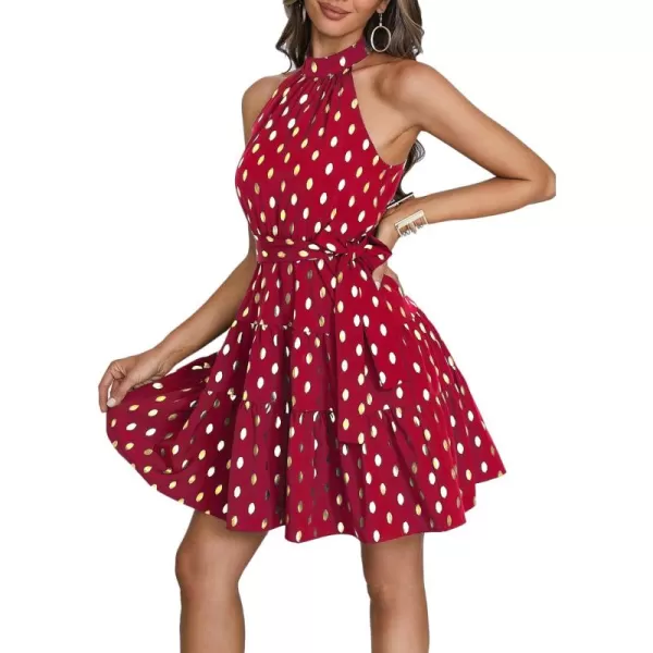 LYANER Women's Halter Neck Polka Dot Print Tie Waist Pleated Sleeveless A-Line Mini Dress