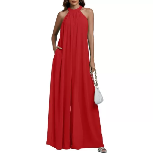 LYANER Women's Halter Neck Sleeveless Chiffon Wide Leg Long Pants Jumpsuit Romper