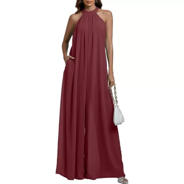 LYANER Women's Halter Neck Sleeveless Chiffon Wide Leg Long Pants Jumpsuit Romper