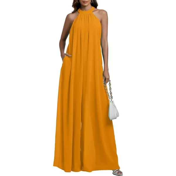 LYANER Women's Halter Neck Sleeveless Chiffon Wide Leg Long Pants Jumpsuit Romper
