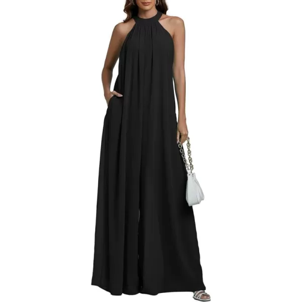 LYANER Women's Halter Neck Sleeveless Chiffon Wide Leg Long Pants Jumpsuit Romper
