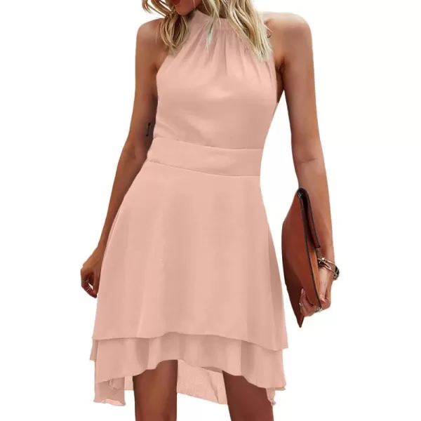 LYANER Women's Halter Sleeveless Pleated Layer Ruffle Hem Elegant Workwear Mini Dress