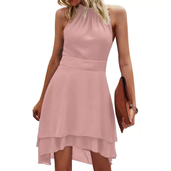 LYANER Women's Halter Sleeveless Pleated Layer Ruffle Hem Elegant Workwear Mini Dress