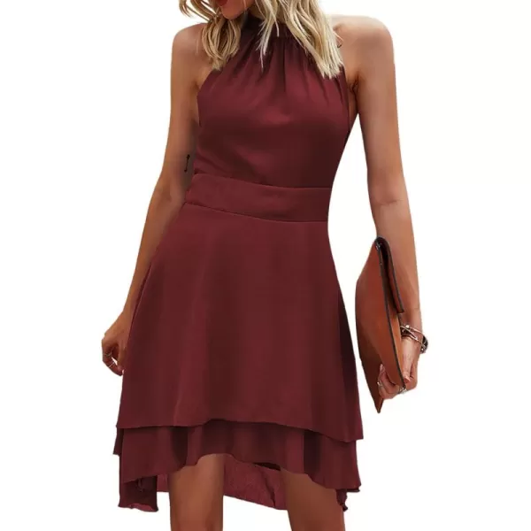 LYANER Women's Halter Sleeveless Pleated Layer Ruffle Hem Elegant Workwear Mini Dress