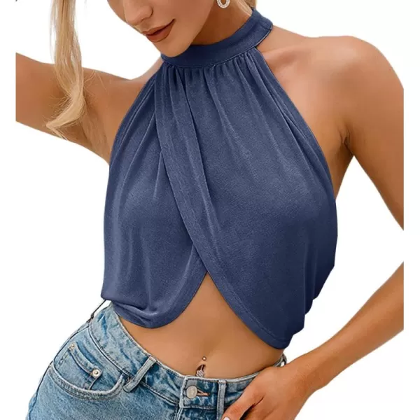 LYANER Women's Halter Wrap Sleeveless Draped Backless Sexy Cami Crop Top