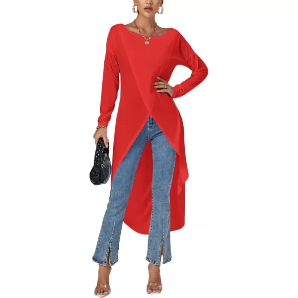 LYANER Women's High Low Long Sleeve Wrap Front Split Hem Long Shirt Blouse Tunic Top