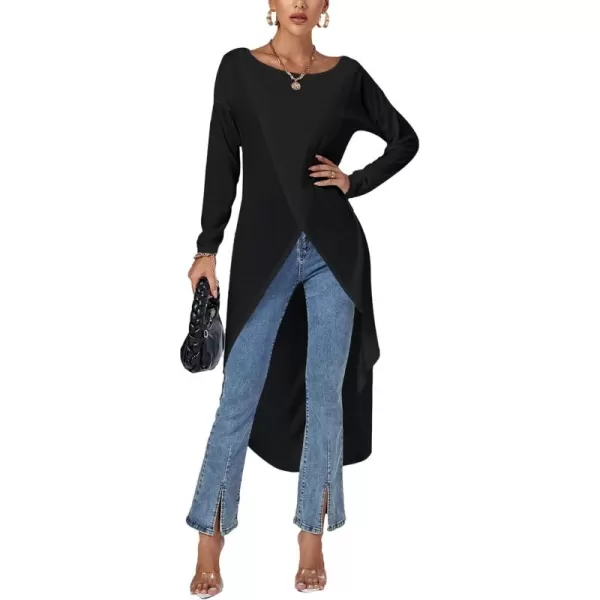 LYANER Women's High Low Long Sleeve Wrap Front Split Hem Long Shirt Blouse Tunic Top