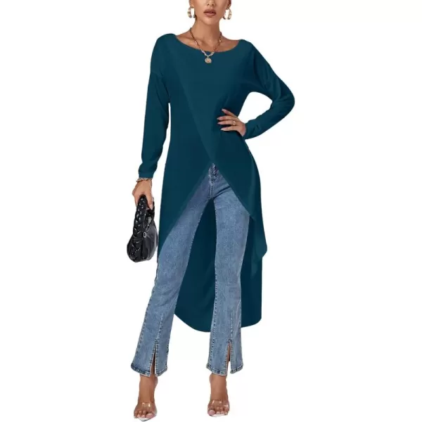LYANER Women's High Low Long Sleeve Wrap Front Split Hem Long Shirt Blouse Tunic Top
