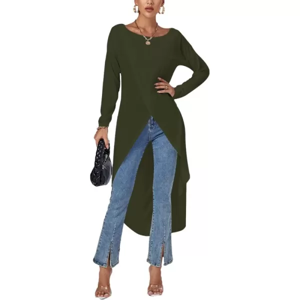 LYANER Women's High Low Long Sleeve Wrap Front Split Hem Long Shirt Blouse Tunic Top