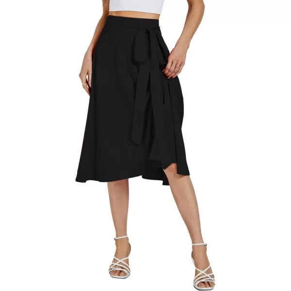 LYANER Women's High Waist Belted Zip Back A-line Work Plain Midi Skirt with Pockets