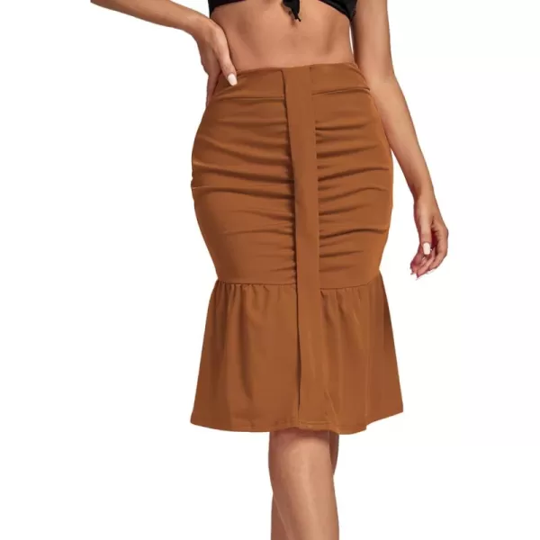 LYANER Women's High Waist Ruched Ruffle Hem Fishtail Bodycon Midi Pencil Skirt