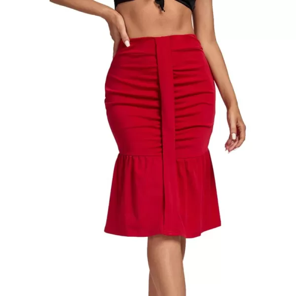 LYANER Women's High Waist Ruched Ruffle Hem Fishtail Bodycon Midi Pencil Skirt