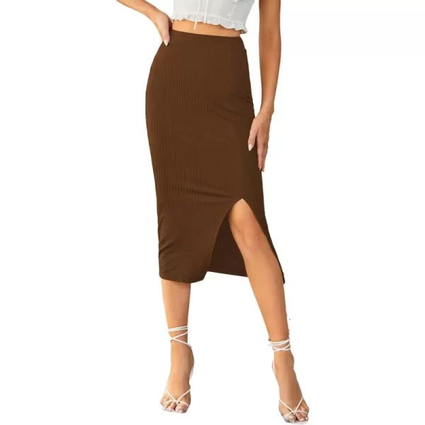 LYANER Women's High Waist Stretchy Rib Knit Split Slit Hem Midi Pencil Skirt