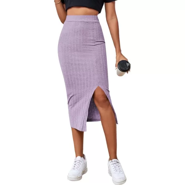 LYANER Women's High Waist Stretchy Rib Knit Split Slit Hem Midi Pencil Skirt