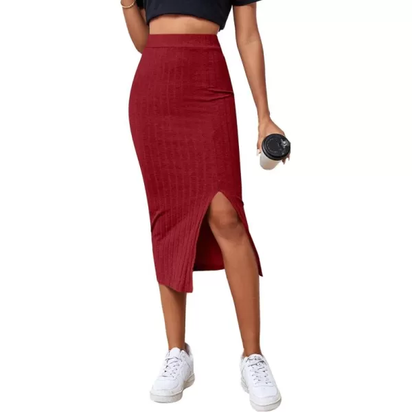 LYANER Women's High Waist Stretchy Rib Knit Split Slit Hem Midi Pencil Skirt
