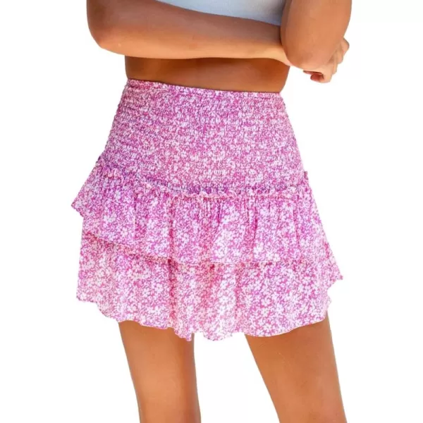 LYANER Women's High Waist Tiered Layer Ruched Ruffle Hem Floral Printed Mini Skirt