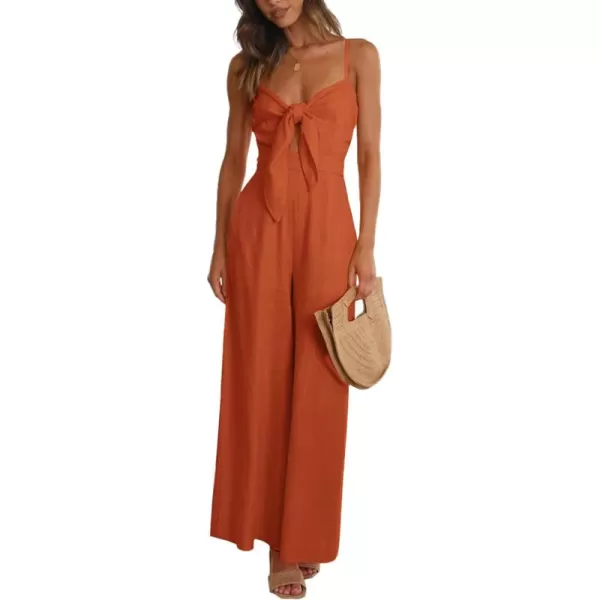 LYANER Women's Jumpsuit V Neck Tie Knot Front Sleeveless Spaghetti Straps Wide Leg Long Romper