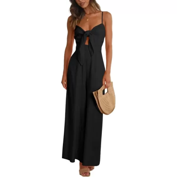 LYANER Women's Jumpsuit V Neck Tie Knot Front Sleeveless Spaghetti Straps Wide Leg Long Romper