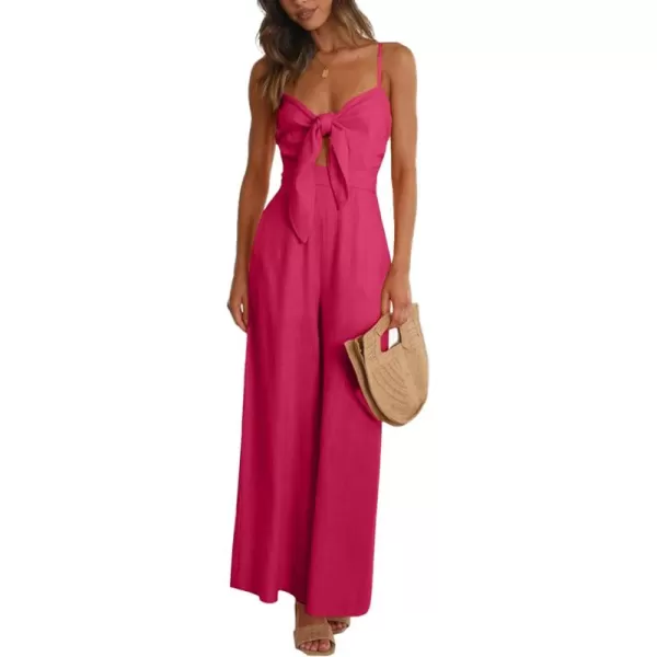 LYANER Women's Jumpsuit V Neck Tie Knot Front Sleeveless Spaghetti Straps Wide Leg Long Romper