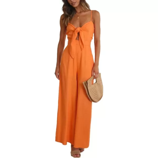 LYANER Women's Jumpsuit V Neck Tie Knot Front Sleeveless Spaghetti Straps Wide Leg Long Romper