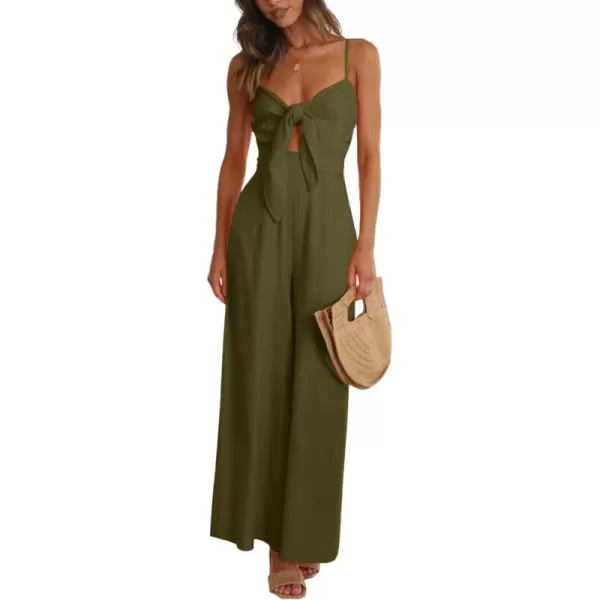 LYANER Women's Jumpsuit V Neck Tie Knot Front Sleeveless Spaghetti Straps Wide Leg Long Romper