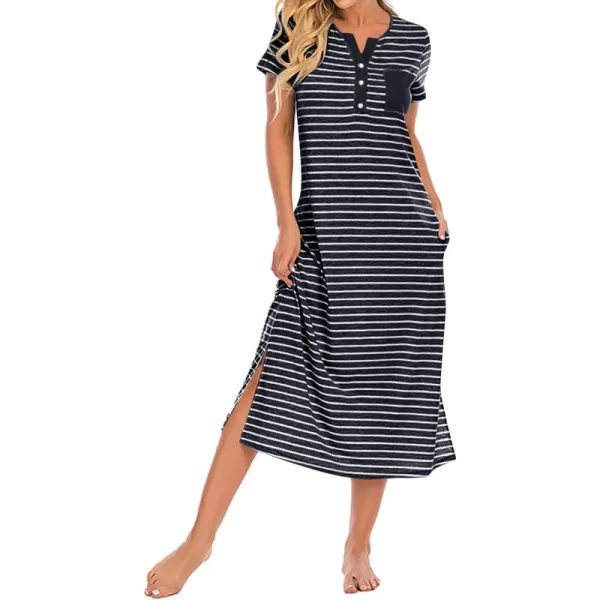 LYANER Women's Knit Henley V Neck Short Sleeve Stripe Night Shirt Sleepwear Pajama Dress