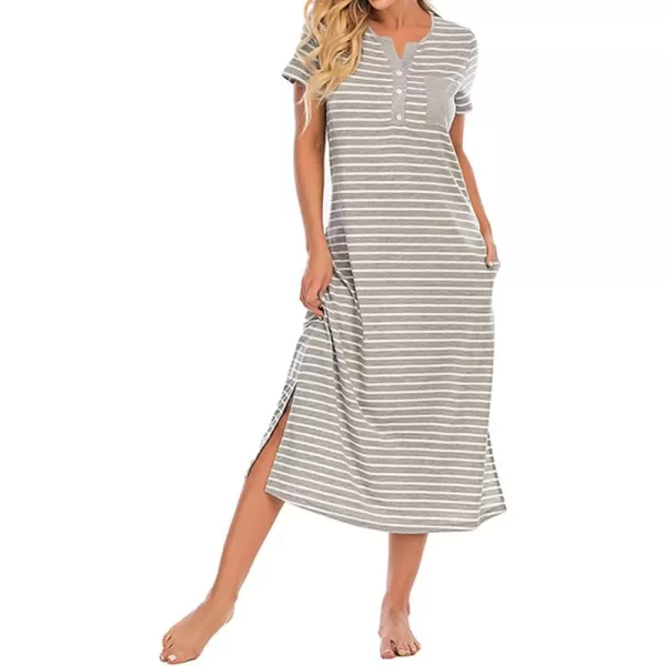 LYANER Women's Knit Henley V Neck Short Sleeve Stripe Night Shirt Sleepwear Pajama Dress