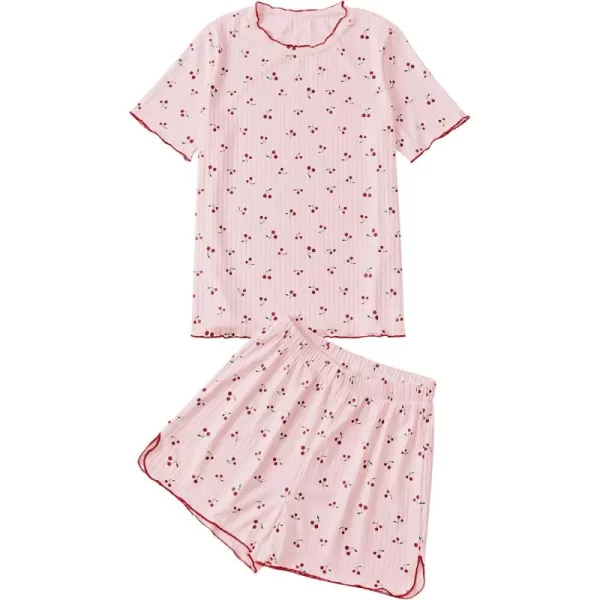 LYANER Women's Knit Pajamas Set Print Pleated Short Sleeve Shirt with Shorts Set PJs Loungewear