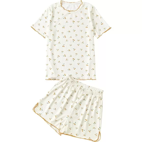 LYANER Women's Knit Pajamas Set Print Pleated Short Sleeve Shirt with Shorts Set PJs Loungewear