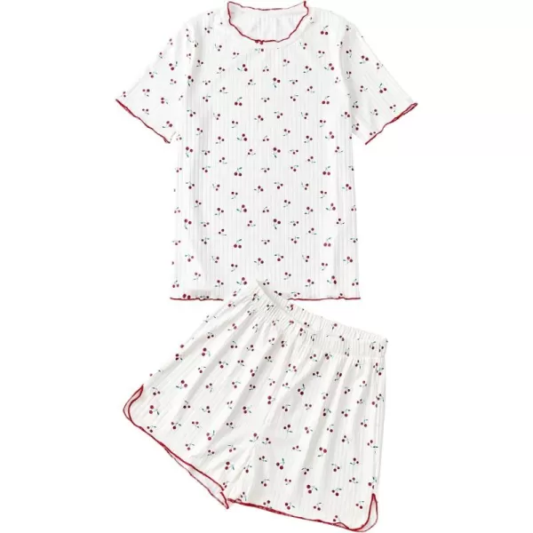 LYANER Women's Knit Pajamas Set Print Pleated Short Sleeve Shirt with Shorts Set PJs Loungewear