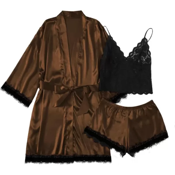 LYANER Women's Lace Cami Top and Shorts Satin Silk Lingerie Set with Robe Pajamas Sleepwear