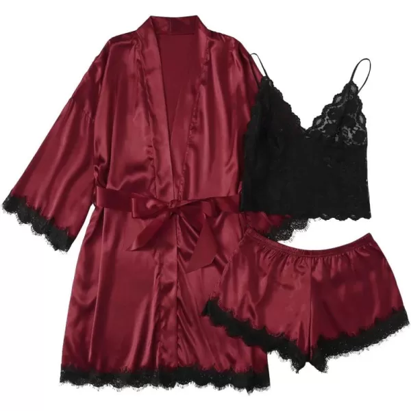LYANER Women's Lace Cami Top and Shorts Satin Silk Lingerie Set with Robe Pajamas Sleepwear