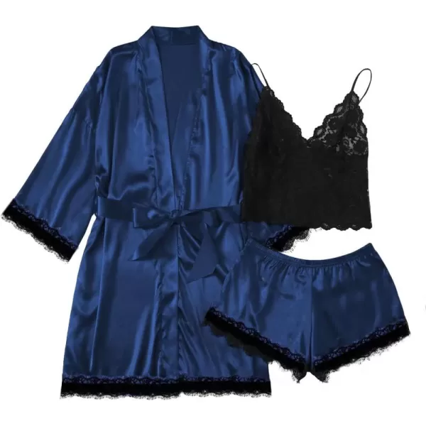 LYANER Women's Lace Cami Top and Shorts Satin Silk Lingerie Set with Robe Pajamas Sleepwear