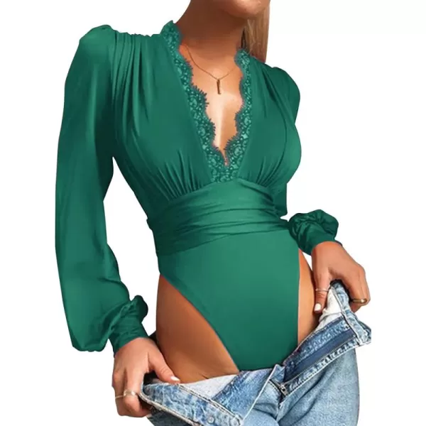 LYANER Women's Lace Trim V Neck Puff Long Sleeve Leotard Bodysuit Tops