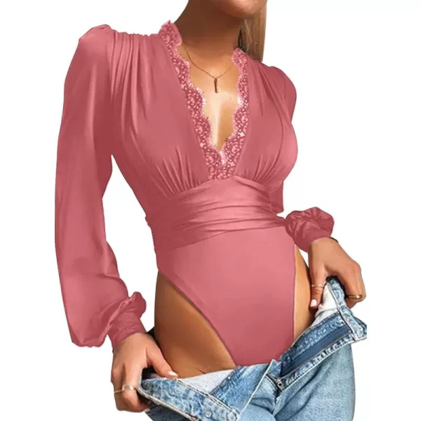 LYANER Women's Lace Trim V Neck Puff Long Sleeve Leotard Bodysuit Tops