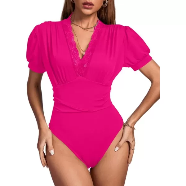 LYANER Women's Lace Trim V Neck Puff Short Sleeve Leotard Bodysuit Top