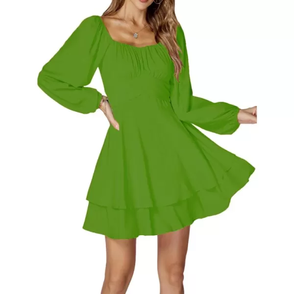 LYANER Women's Lantern Long Sleeve Wrap Tie Back Square Neck Double Layer Ruffle Hem A Line Short Mini Dress