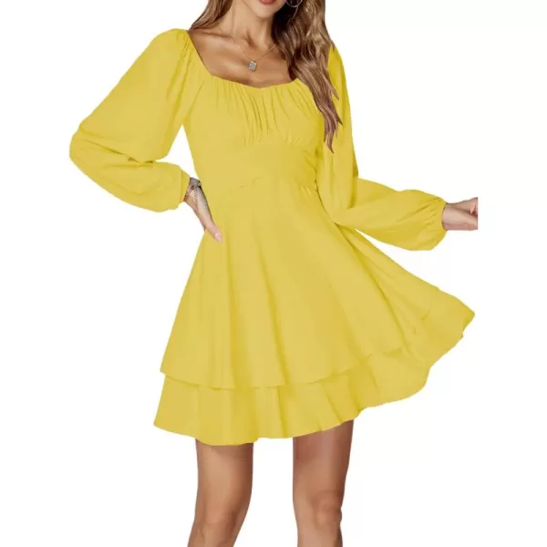 LYANER Women's Lantern Long Sleeve Wrap Tie Back Square Neck Double Layer Ruffle Hem A Line Short Mini Dress