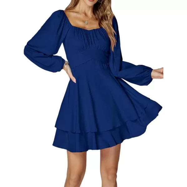 LYANER Women's Lantern Long Sleeve Wrap Tie Back Square Neck Double Layer Ruffle Hem A Line Short Mini Dress