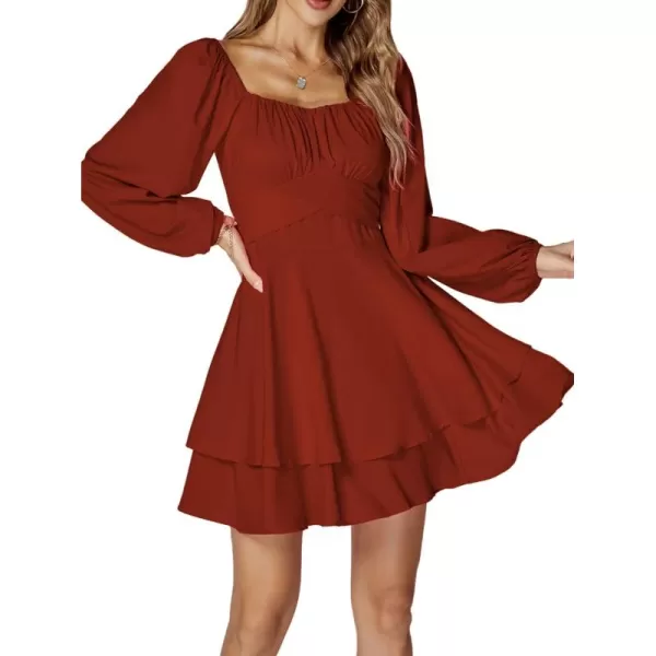 LYANER Women's Lantern Long Sleeve Wrap Tie Back Square Neck Double Layer Ruffle Hem A Line Short Mini Dress