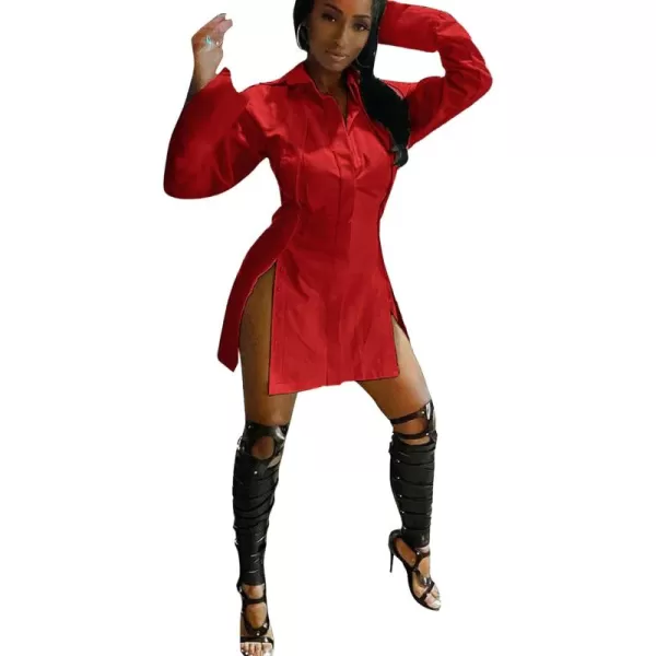 LYANER Women's Lapel Collar Buttons Down Side Slit Long Sleeve Mini Shirt Dress